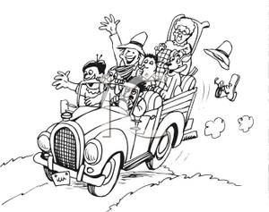 Black And White Cartoon Of A Hillbilly Family Traveling In An Old