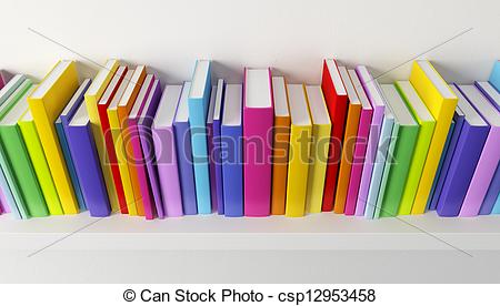 Shelf With Multicolored Books 3d Render Csp12953458   Search Clipart