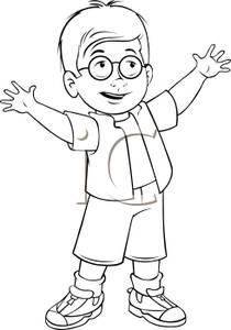 Black And White Cartoon Of A Cute Little Boy With Glasses Reaching