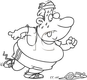 Black And White Cartoon Of An Overweight Man Running As Slow As A
