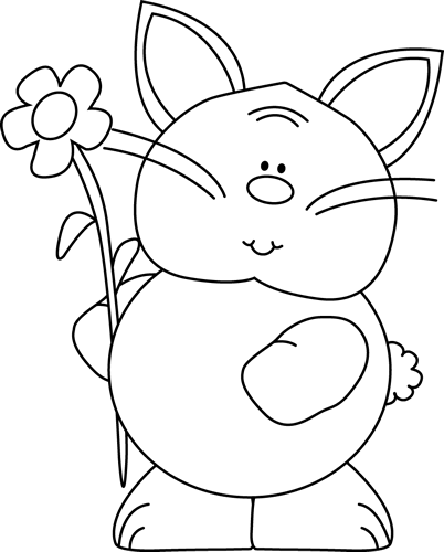 Black And White Cute Bunny With A Flower Clip Art   Black And