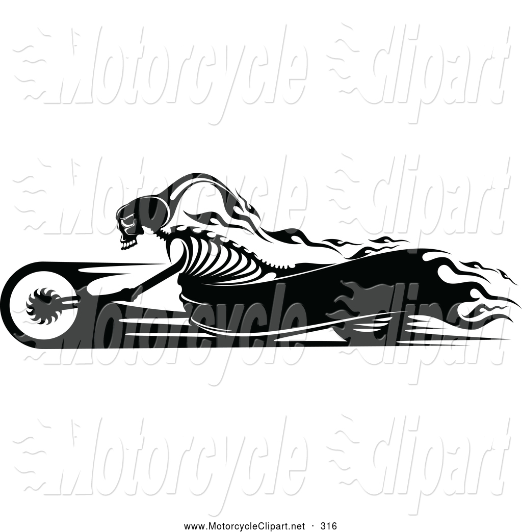 Black And White Flaming Biker Skeleton On A Motorcycle Black And White