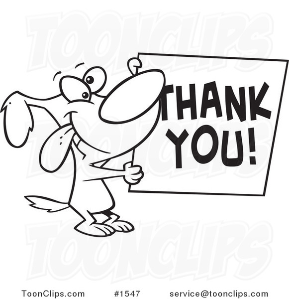     Black And White Outline Design Of A Grateful Dog Holding A Thank You