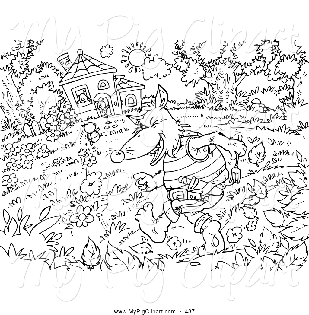 Black And White Three Little Pigs And The Big Bad Wolf Coloring Page    
