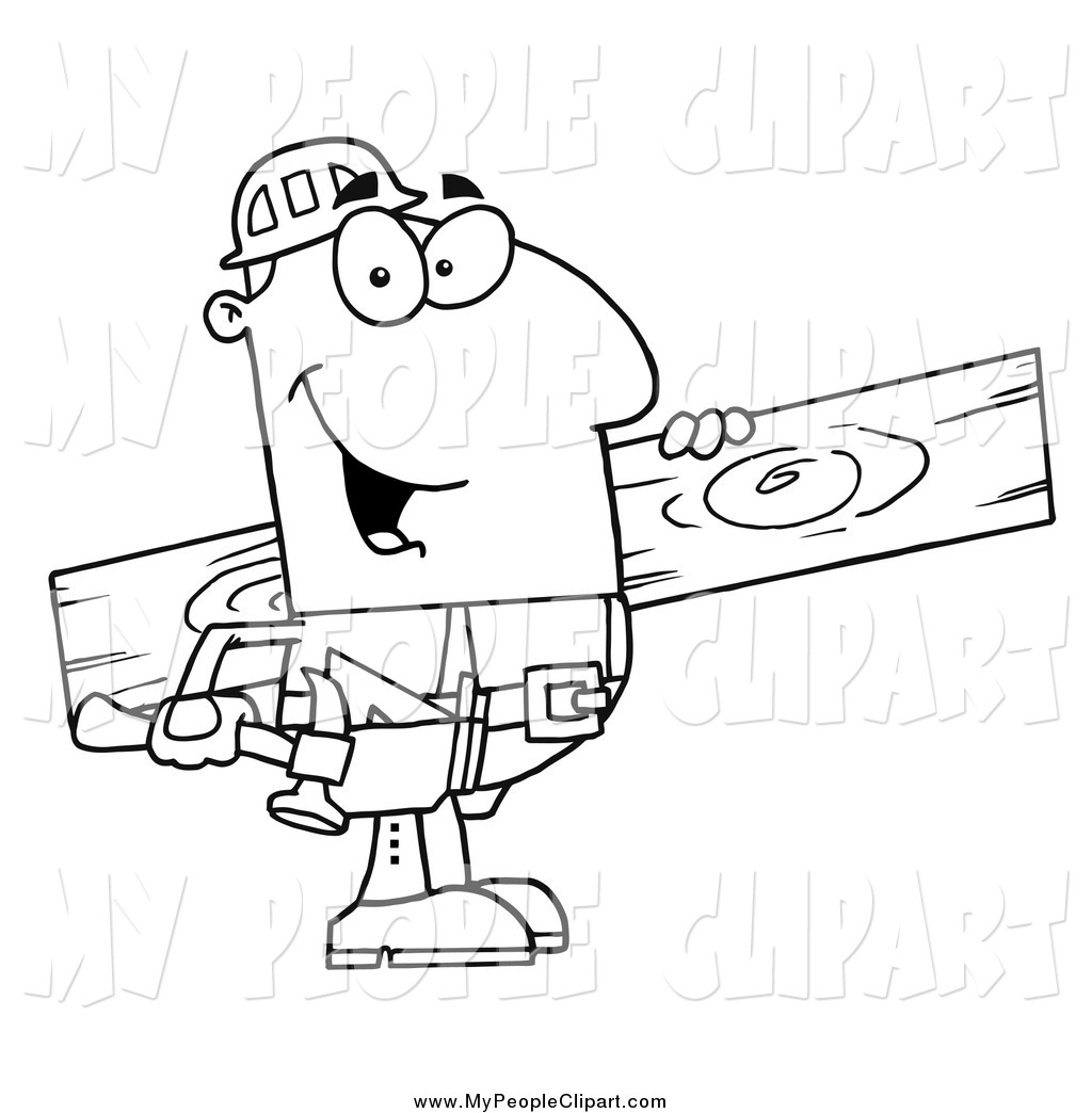 Clip Art Of A Black And White Happy Male Carpenter With Wood By Hit