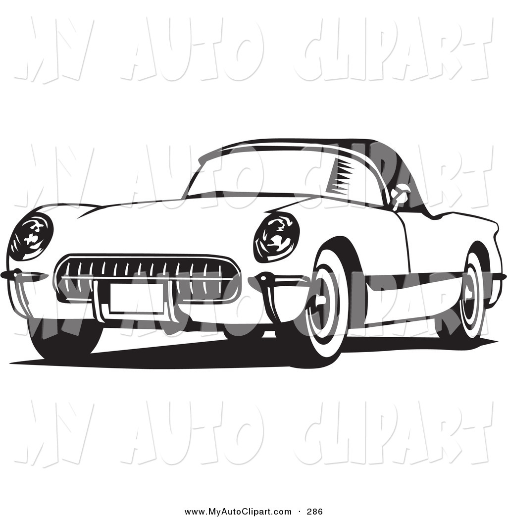 Clip Art Of A Old Corvette Car In Black And White Driving Forward By