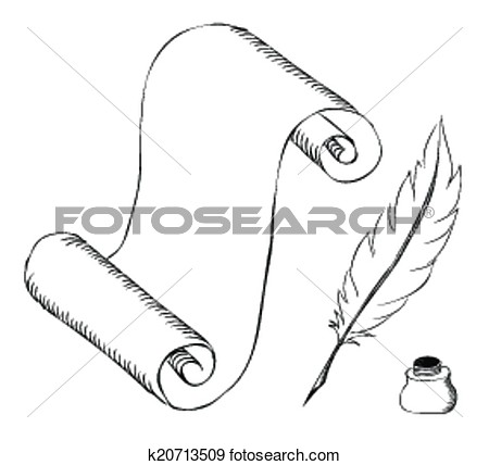 Clip Art   Paper With Feather Pen And Ink Pot Sketch  Fotosearch