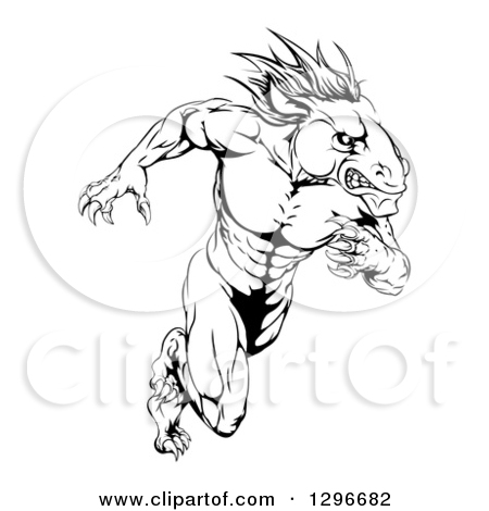 Clipart Of A Muscular Aggressive Black And White Stallion Horse Man