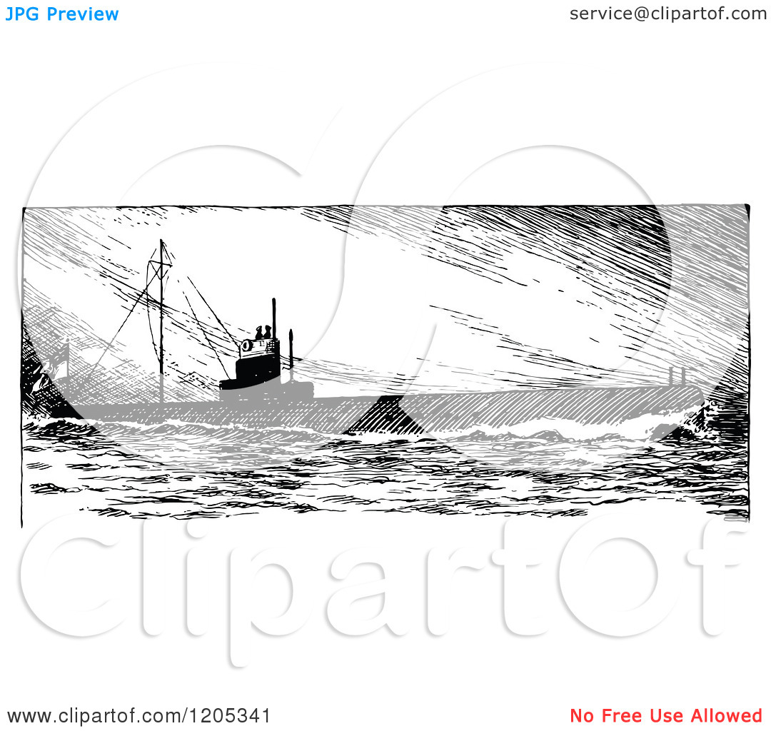 Clipart Of A Vintage Black And White Submarine   Royalty Free Vector