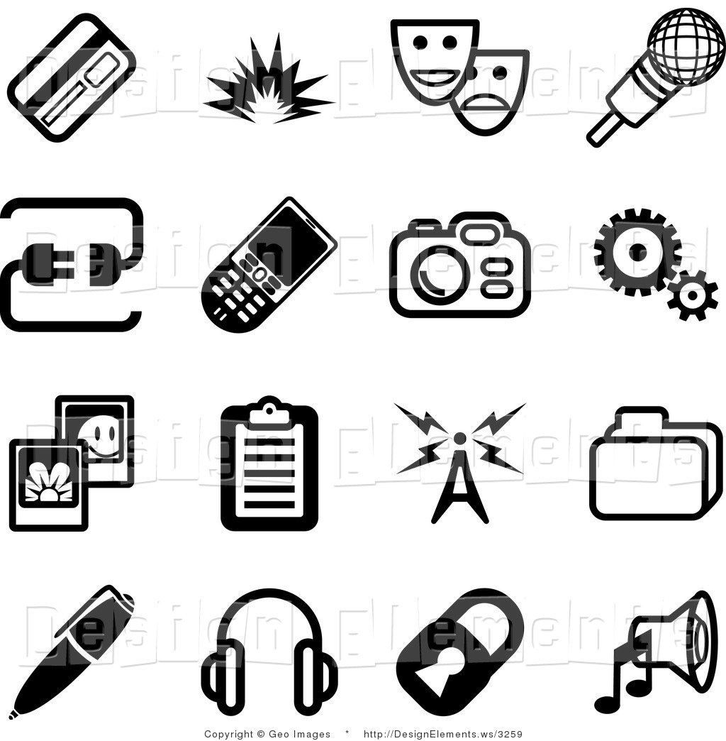 Element Clipart Of A Collection Of Sixteen Black And White Media Icons