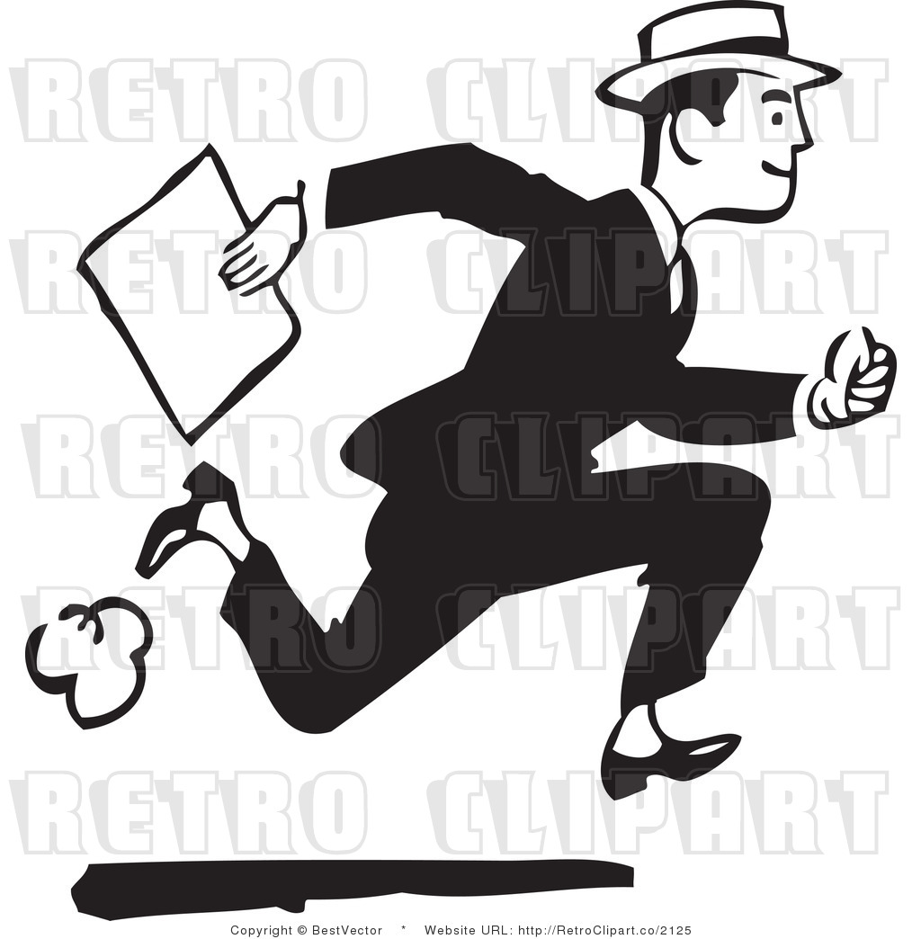 Free Black And White Retro Vector Clip Art Of A Running Business Man
