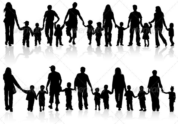 Large Set Of Silhouettes Of Parents With Children Holding Hands