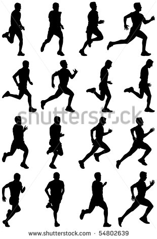 Running Man Black Silhouettes Sixteen Different Postures Stock Photo