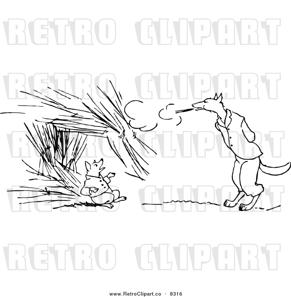 Vector Clipart Of A Retro Black And White Big Bad Wolf Blowing Down A    