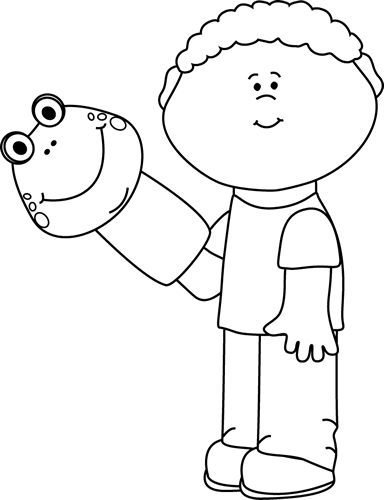 White Little Boy With A Puppet Clip Art   Black And White Little Boy