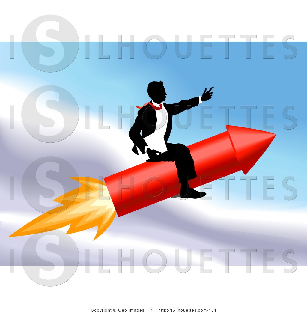 Silhouette Clipart Of A Successful Businessman Riding A Red Rocket