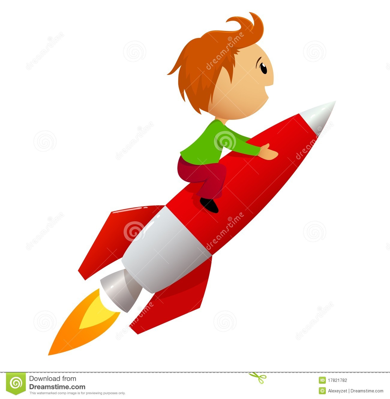 Vector Illustration  Cartoon Boy Fly Riding Red Fast Rocket