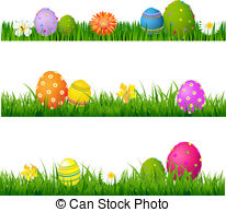 Big Green Grass Set With Flowers And Easter Eggs Stock Illustration