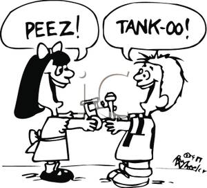 Black And White Cartoon Two Kids Talking Baby Talk While Sharing A