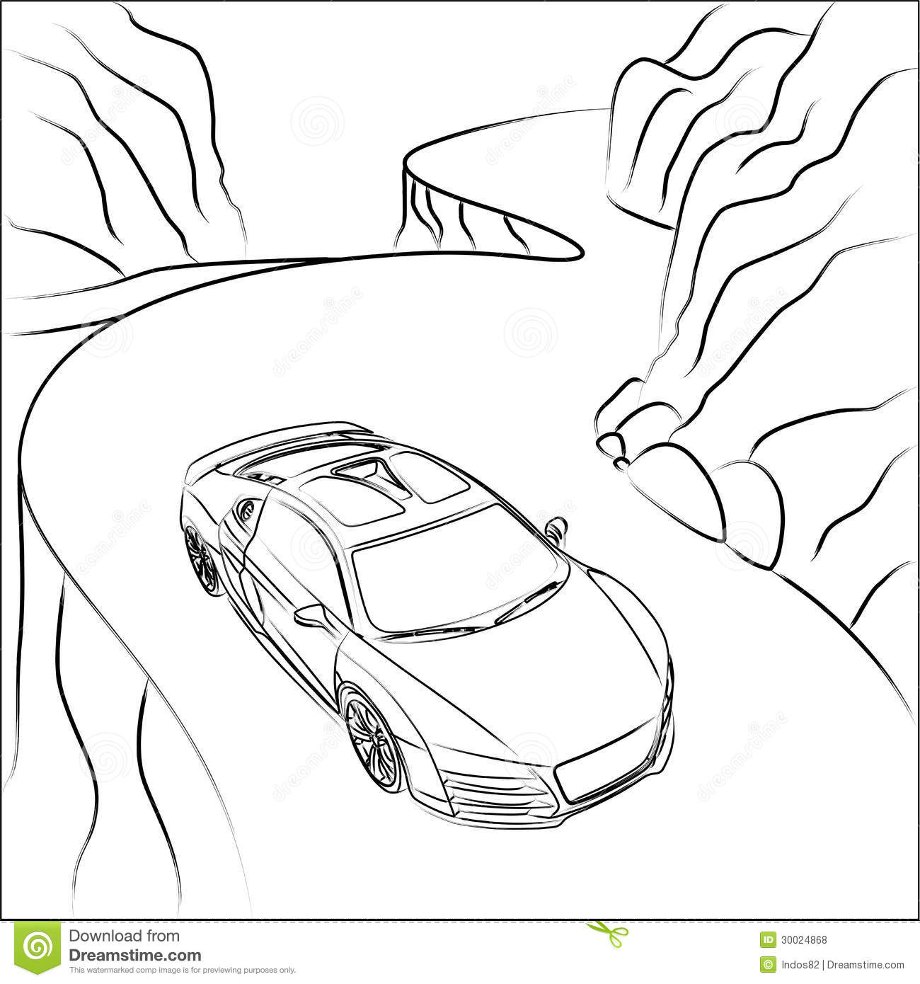 Black And White Illustration Of A Sport Car On A Mountain Road
