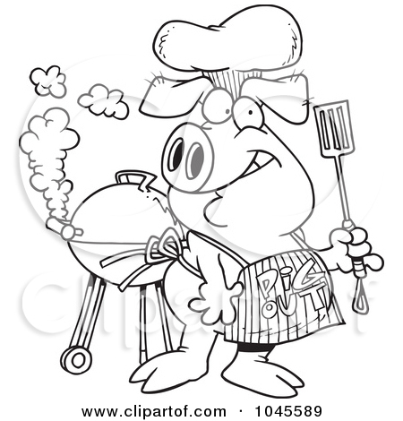 Black And White Outline Design Of A Bbq Pig Wearing A Pig Out Apron