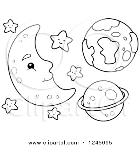 Clipart Of A Black And White Happy Moon With Stars And Planets