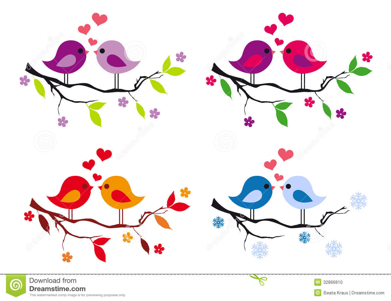 Cute Birds With Red Hearts On Tree Vector Set Stock Photo Image