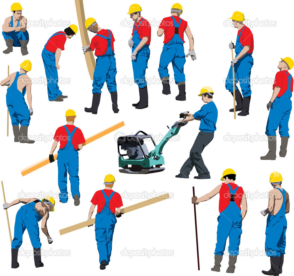 Team Of Construction Workers In Blue Workwear An Yellow Helmets