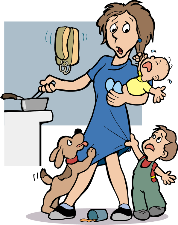 Cartoon Of Woman Cooking Holding A Baby And Toddler Crying