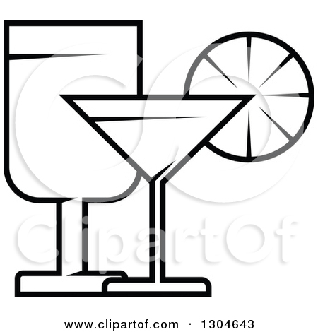 Clipart Of A Black And White Wine And Martini Glasses   Royalty Free