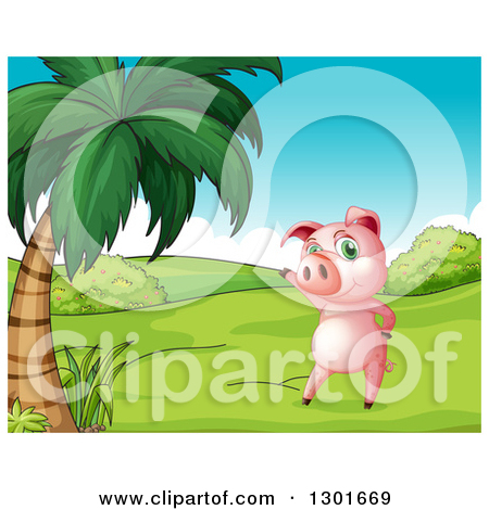 Clipart Of A Presenting Pink Pig Standing Upright By A Palm Tree With