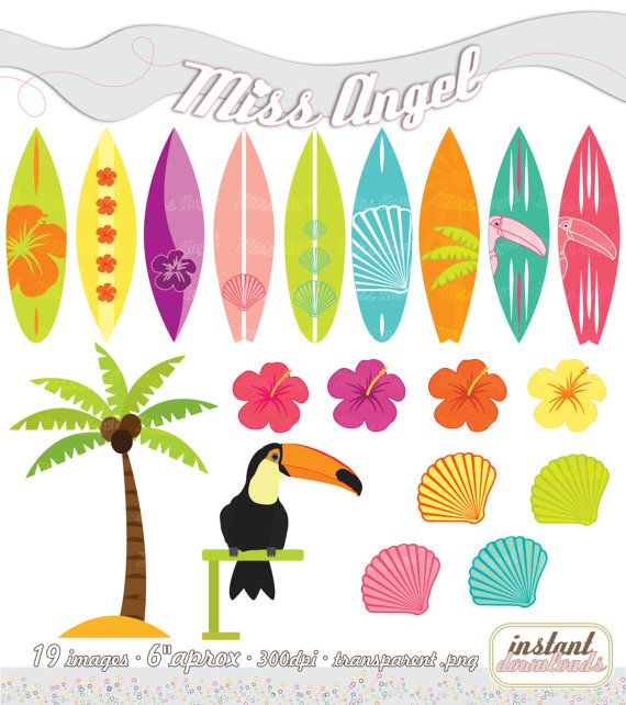 Clipart Set Summer Printable Surfboards Palmtree Toucan Shells H