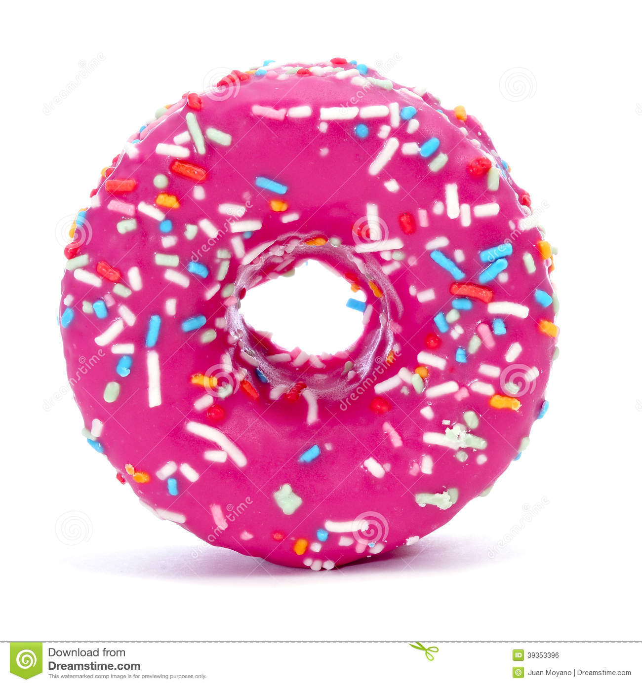 Donut Coated With A Pink Frosting And Sprinkles Of Different Col Stock