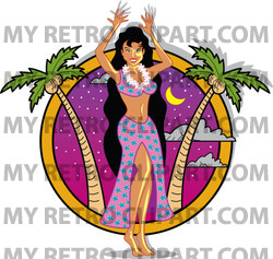 Illustration Of A Hula Girl In A Pink Skirt Dancing Near A Palm Tree