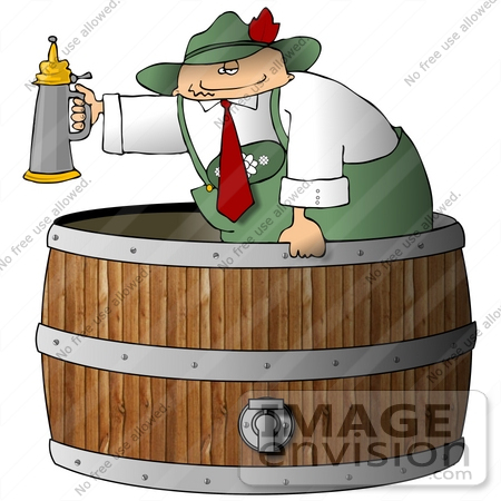 Oktoberfest Man In A Barrel Beer Keg Holding A Beer Stein Clipart