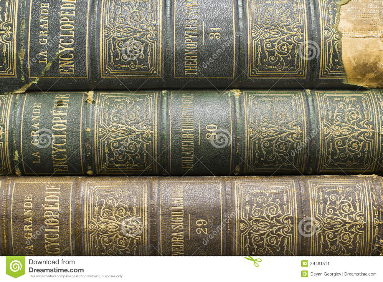 Old Books On Shelf  French Encyclopedia  Close Up Shot