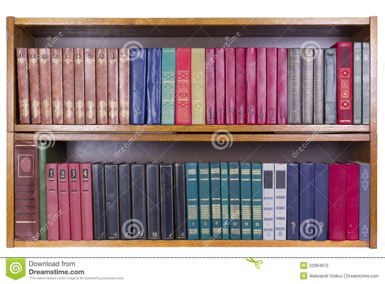 Old Retro Books With Color Covers On A Wooden Shelf Front View  Mass