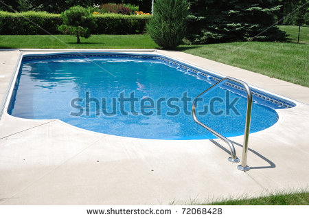 Stock Photo Backyard In Ground Swimming Pool On A Sunny Summer Day    