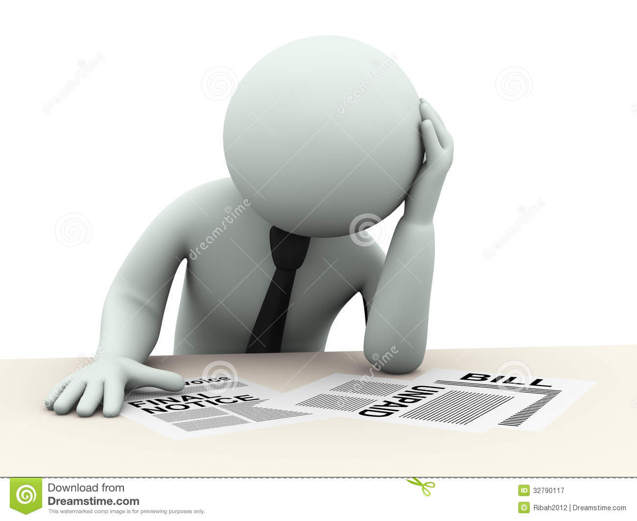 3d Illustration Of Stressed Person Worried About Liabilities Bills