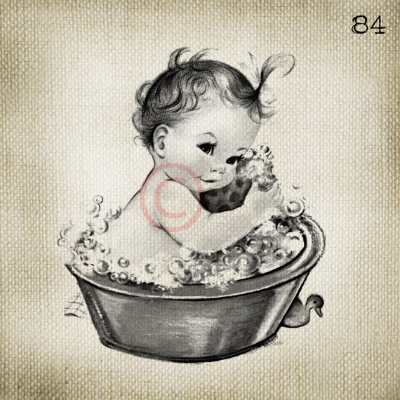 Adorable Vintage Baby Girl In Bubble Bath Large Digital Vintage Image    