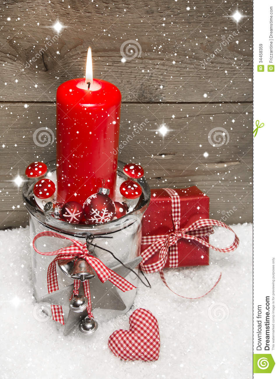 Background With A Red Candle And A Gift Box On Snow For A Rustic
