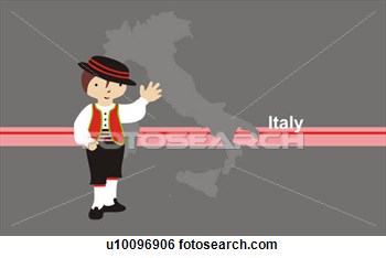Boy Wearing Traditional Italian Clothing In Front Of The Map Of Italy