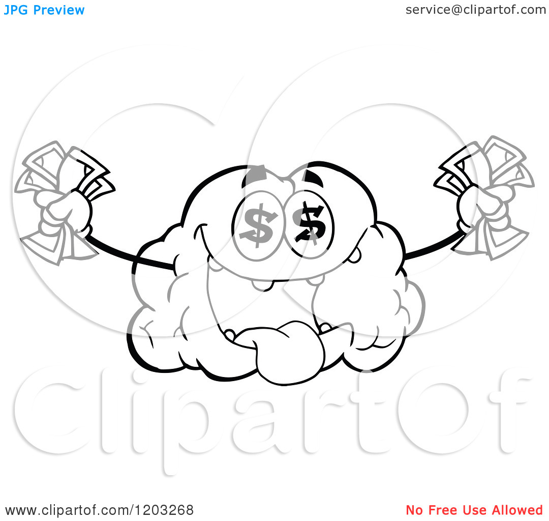 Cartoon Of A Black And White Brain Mascot With Dollar Eyes And Cash