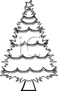 Cartoon Of A White Christmas Tree With A Black Outline Decorated With