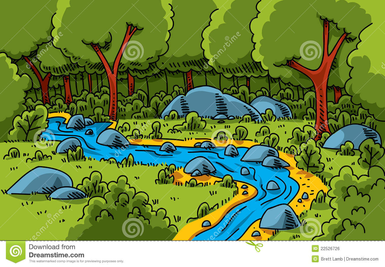 Cartoon Stream Running Through A Lush Green Forest 