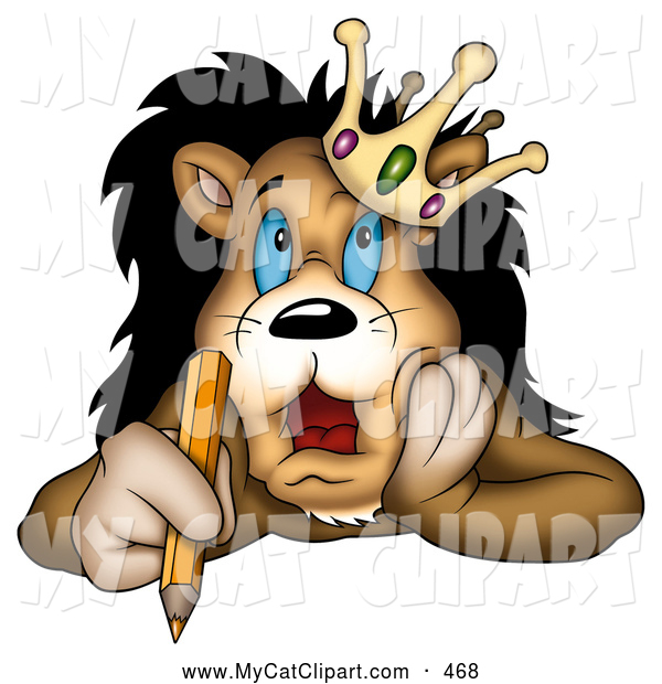 Clip Art Of A Stressed Out Lion King In A Crown Holding A Pencil And