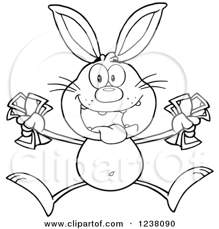 Clipart Of A Black And White Rabbit Jumping With Cash Money   Royalty