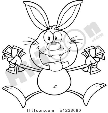 Clipart Of A Black And White Rabbit Jumping With Cash Money   Royalty    