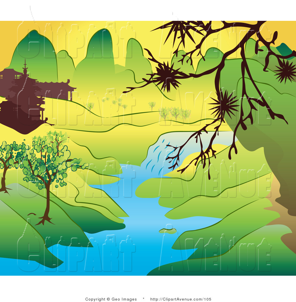 Clipart Of A Japanese Landscape With Mountains Buildings And A Stream
