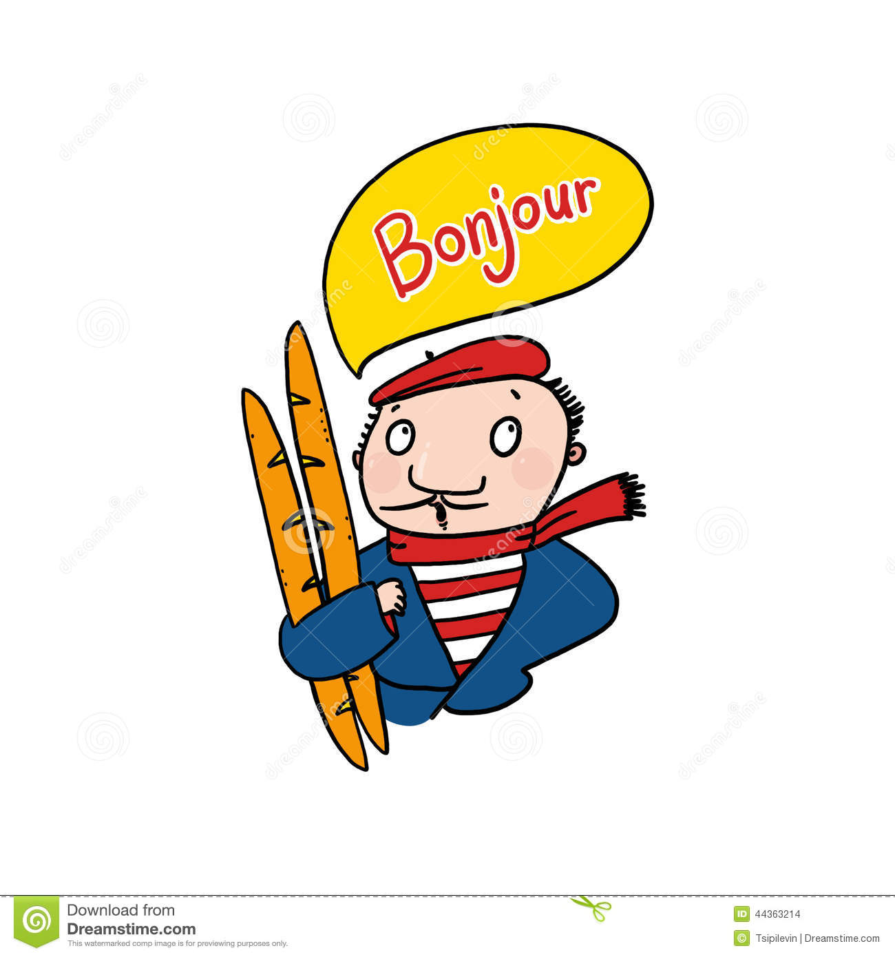 Frenchman Saying Bonjour Illustration  Man Holding Baguettes Drawing
